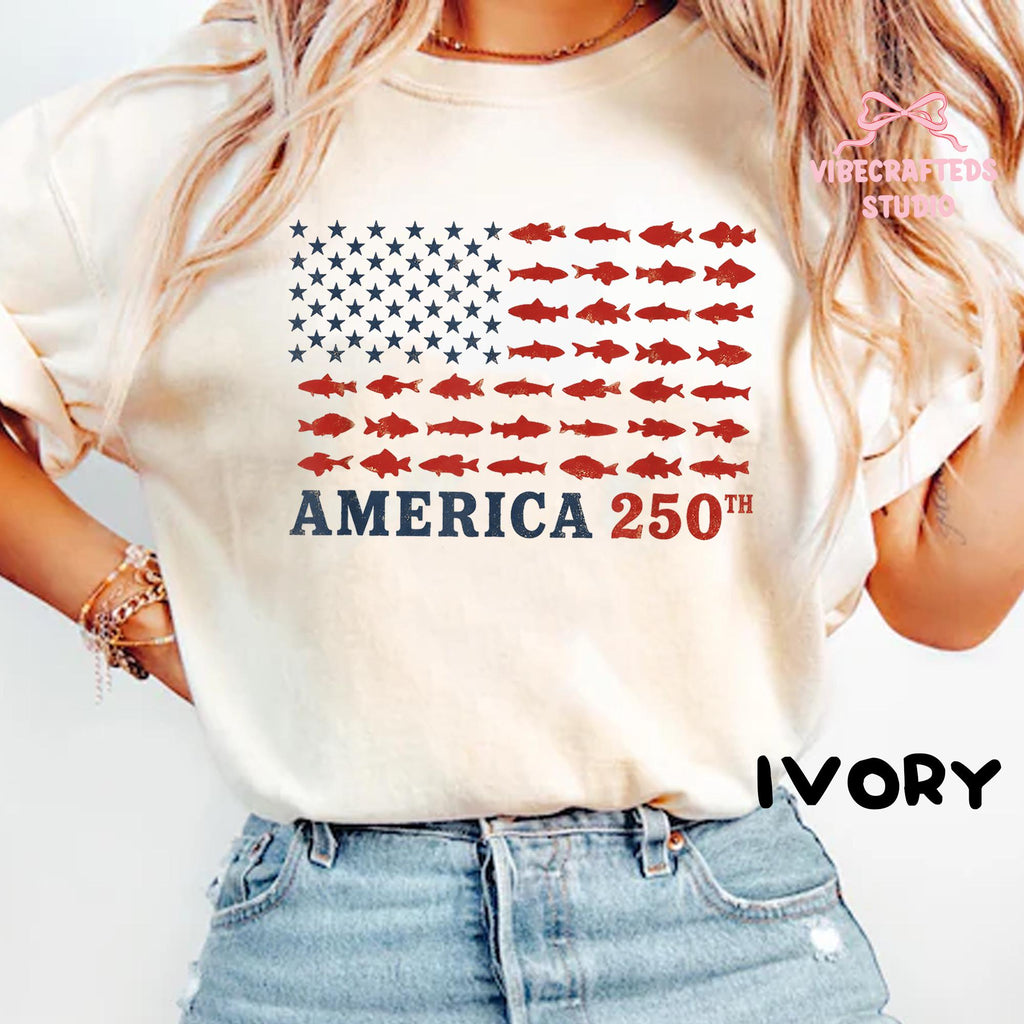 America 250th Fishing Flag Comfort Colors Usa 250 Years Fishing Tee Patriotic Fisherman 4th July Angler
