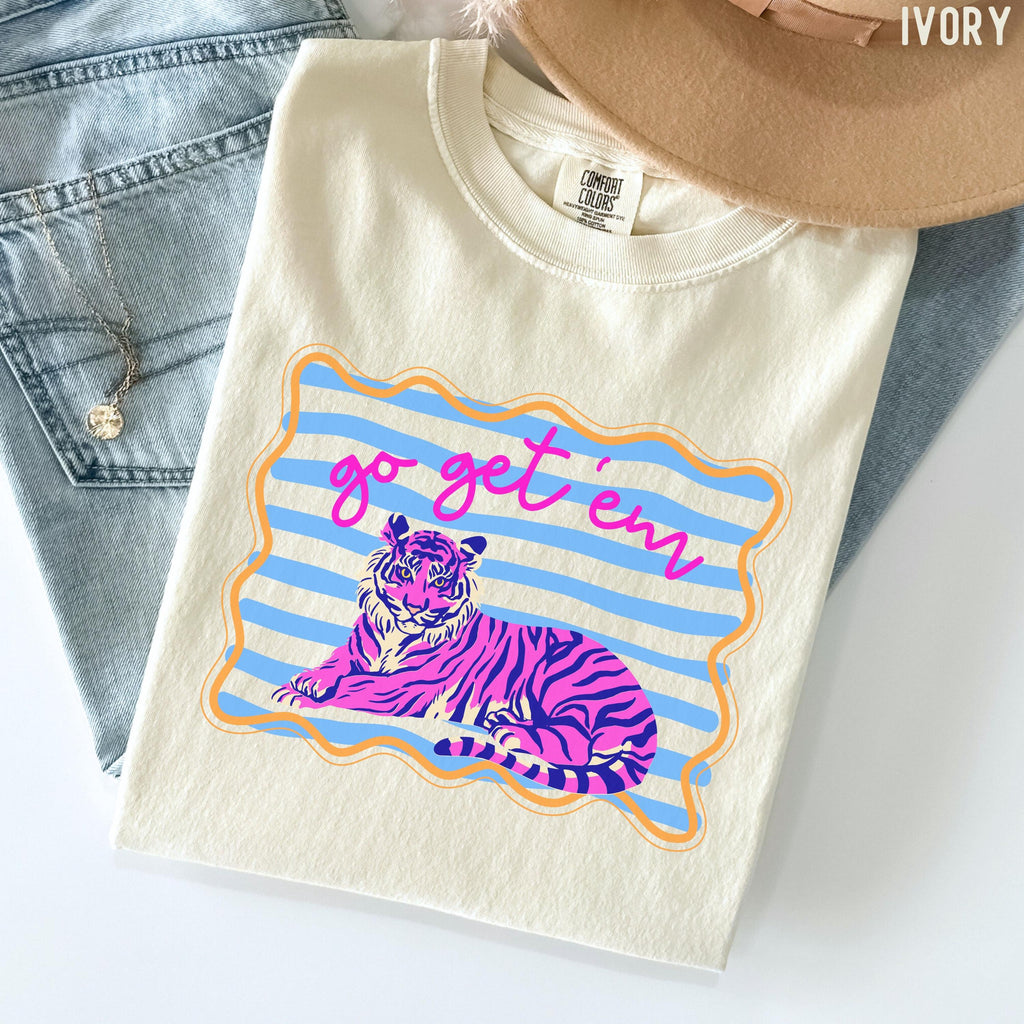 Comfort Colors Go Get Em Tiger Colorful Retro Striped Tiger Tee