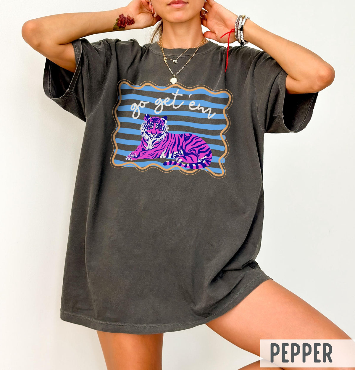 Comfort Colors Go Get Em Tiger Colorful Retro Striped Tiger Tee