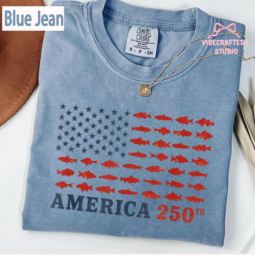 America 250th Fishing Flag Comfort Colors Usa 250 Years Fishing Tee Patriotic Fisherman 4th July Angler