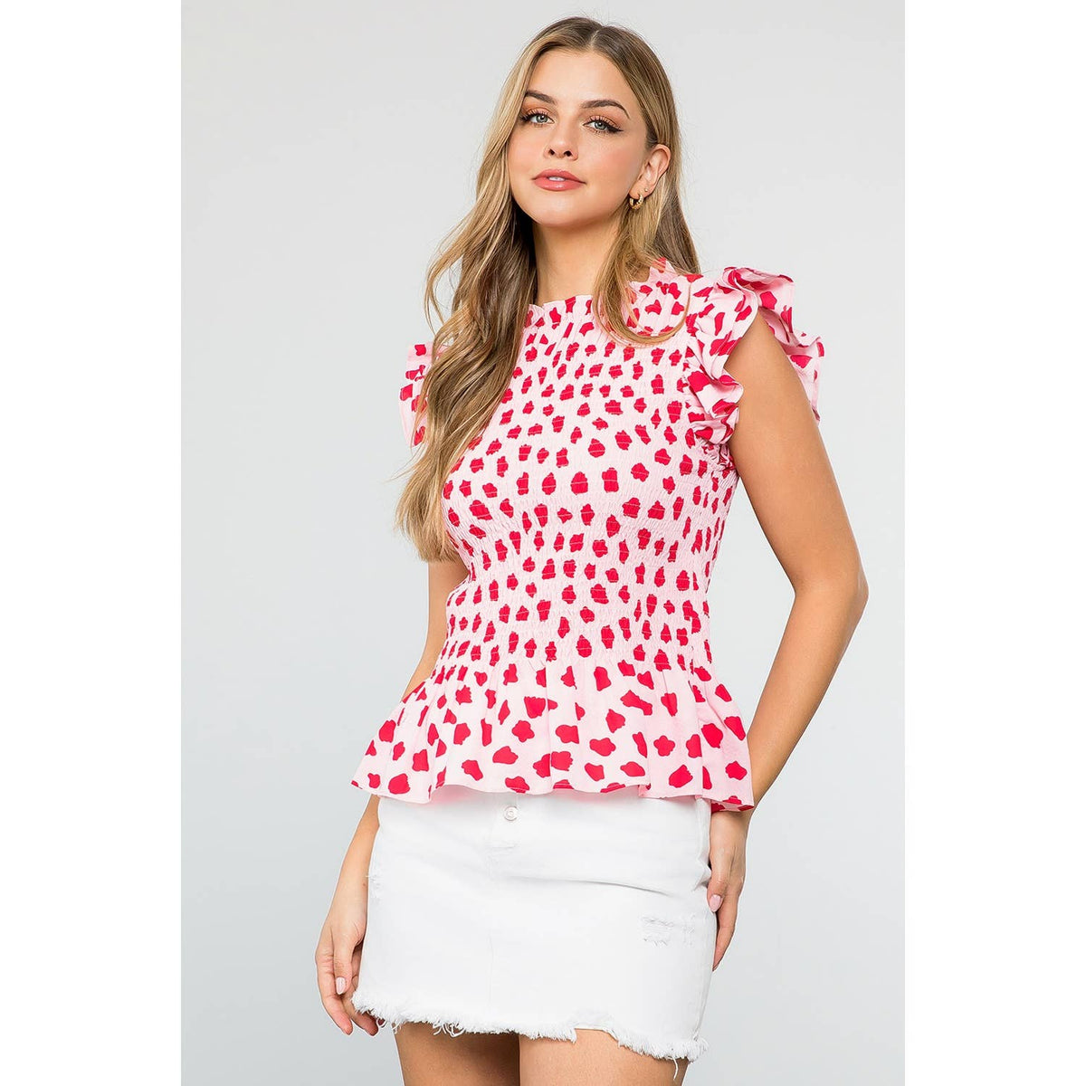 Smocked Spotted Print Top Unisex , , , Long Sleeve Tee