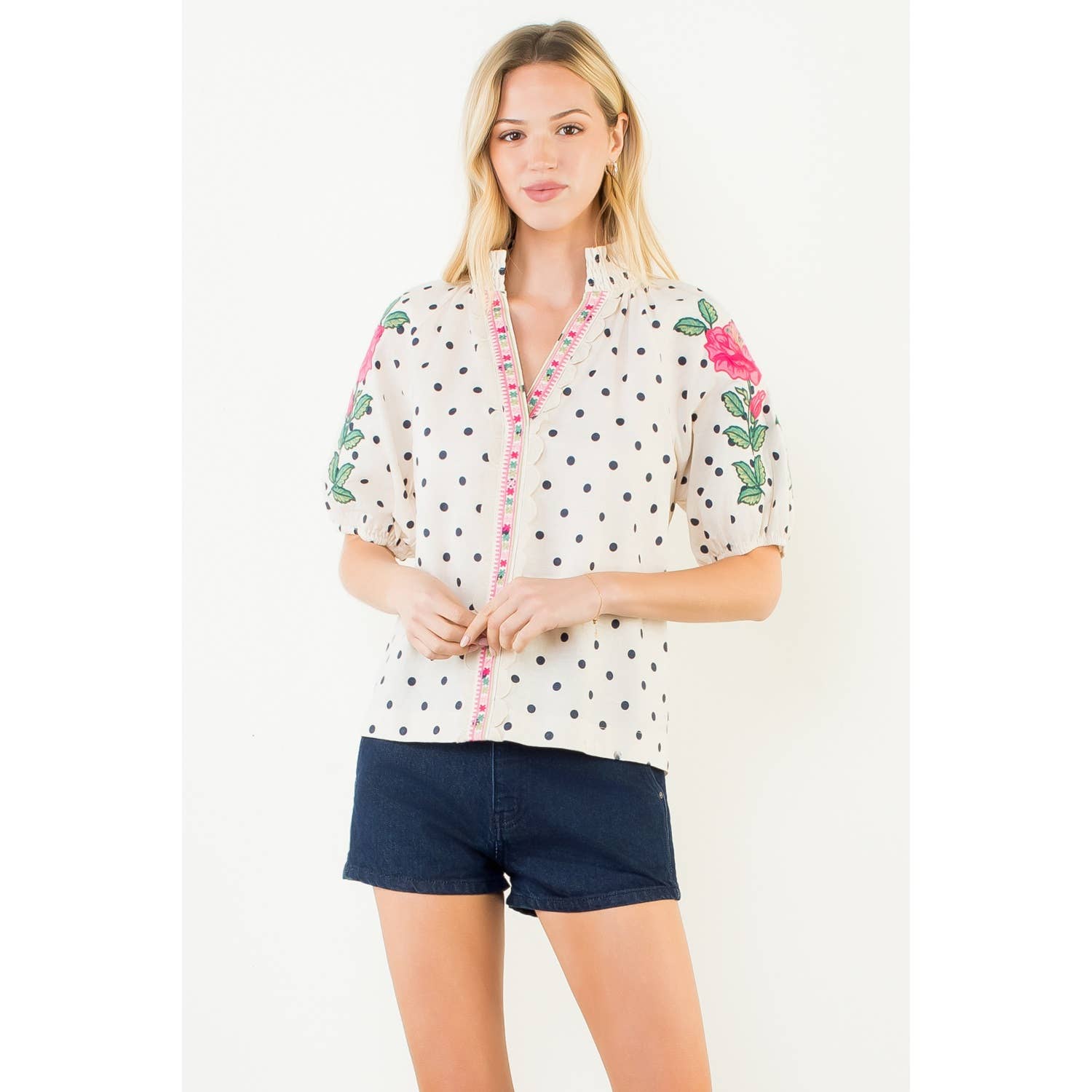 Embroidery Detail Puff Sleeve Polka Dot Top Unisex , , , Long Sleeve Tee