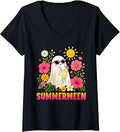Women's Funny Summerween Cute Spooky Ghost Halloween Beach Summer V-Neck Unisex , , , Long Sleeve Tee