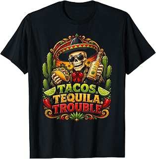 Tacos Tequila Trouble Funny Skeleton Fiesta Party Humor Unisex , , , Long Sleeve Tee