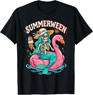 Summerween Skeleton Mermaid Flamingo Float Summer Halloween Unisex , , , Long Sleeve Tee