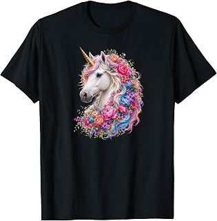 Floral Unicorn with Rainbow Mane Fantasy Art Unisex , , , Long Sleeve Tee