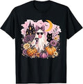 Boho Floral Cute Cat Ghost Blowing Bubble Gum Halloween Unisex , , , Long Sleeve Tee