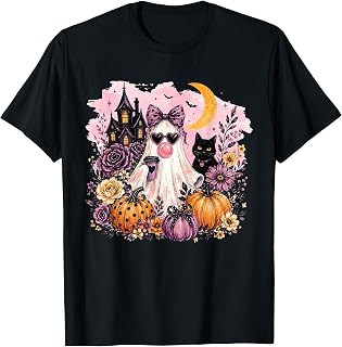Boho Floral Cute Cat Ghost Blowing Bubble Gum Halloween Unisex , , , Long Sleeve Tee