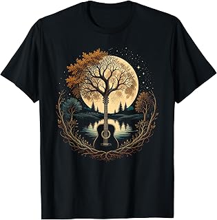 Acoustic Guitar Tree By The Lake Autumn Moon Unisex , , , Long Sleeve Tee