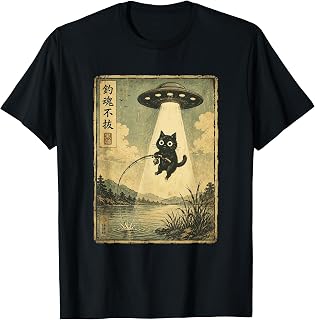 Vintage Japanese Fishing Cat UFO Abduction Men Women Unisex , , , Long Sleeve Tee