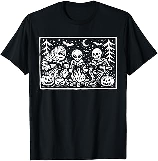 Funny Bigfoot Alien Skeleton Reading Books Halloween Camping Unisex , , , Long Sleeve Tee