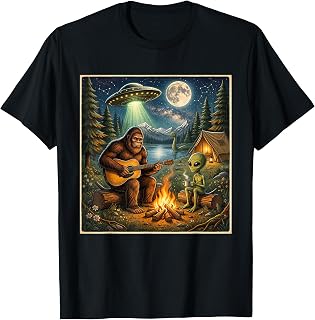 Bigfoot and Alien UFO Campfire Sasquatch Funny Camping Unisex , , , Long Sleeve Tee