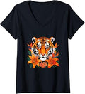 Women's Majestic Tiger with Tropical Orange Flowers V-Neck Unisex , , , Long Sleeve Tee