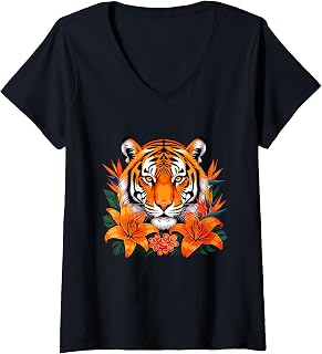 Women's Majestic Tiger with Tropical Orange Flowers V-Neck Unisex , , , Long Sleeve Tee