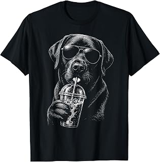 Black Labrador Retriever Drinking Iced Coffee Funny Dog Unisex , , , Long Sleeve Tee