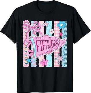 Striped Floral Pennant Flag Back to School Fifth 5th Grade Unisex , , , Long Sleeve Tee
