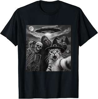 Cat Selfie with Bigfoot Skeleton Alien UFO Funny Cat Lover Unisex , , , Long Sleeve Tee