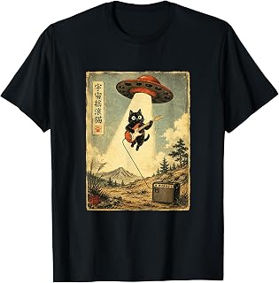 Vintage Japanese Cat Playing Guitar UFO Abduction Unisex , , , Long Sleeve Tee