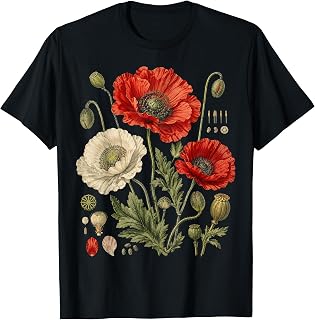 White Red Poppy Flowers Vintage Botanical Garden Plant Unisex , , , Long Sleeve Tee