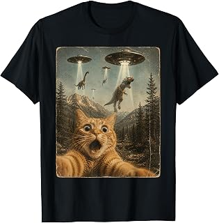 Funny Cat Selfie UFO Alien Dinosaur T-Rex Abduction Kid Men Unisex , , , Long Sleeve Tee