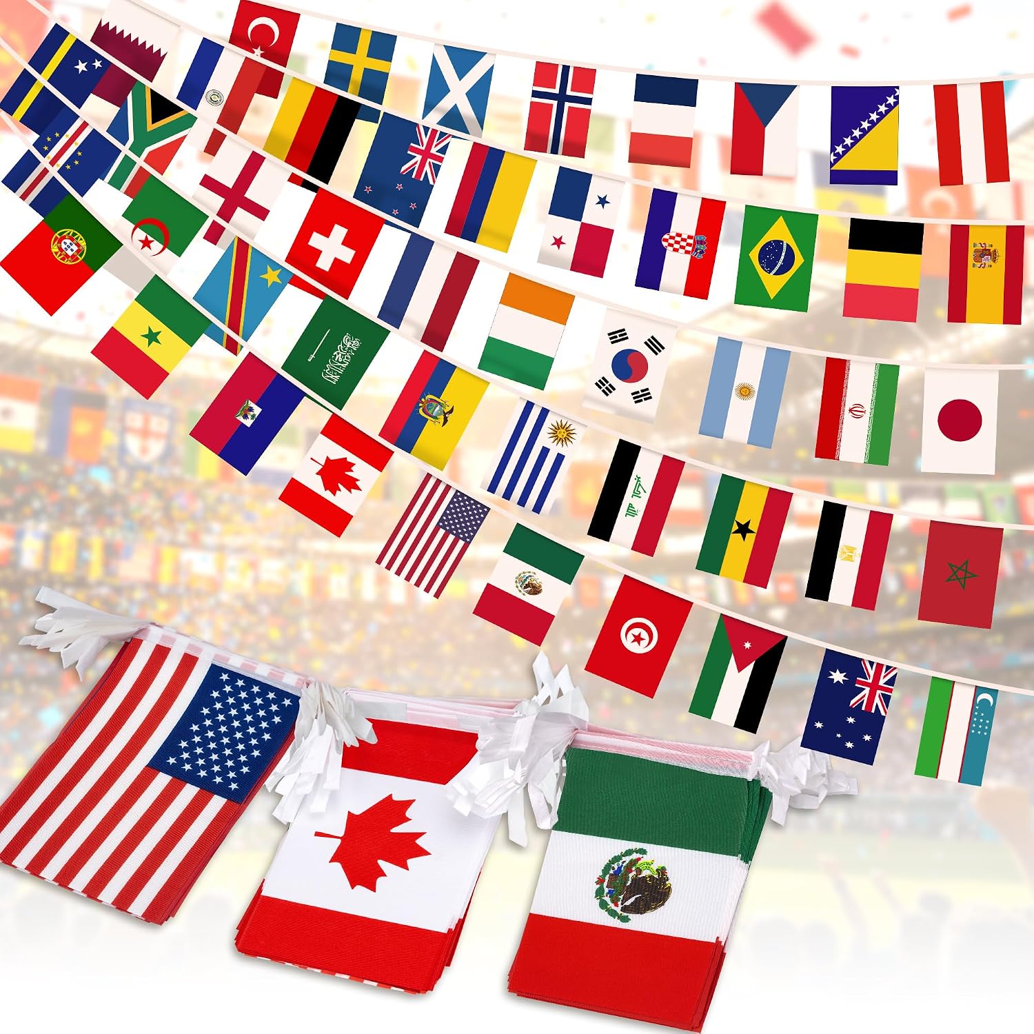 2026 World Cup Flag Banner, 48 Countries International Bunting, Soccer Tournament National String Pennant for Sports Bar, Club, Home Garden, Party Decorations, Banderas del Mundial (5.5" x 8.3"-45 ft)