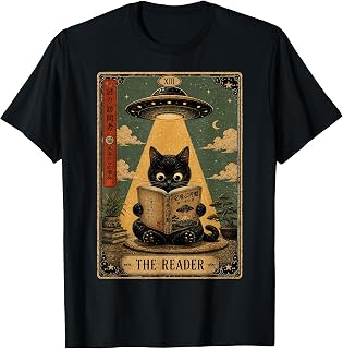 Vintage Japanese Cat Book Lovers UFO Alien Tarot Card Cat Unisex , , , Long Sleeve Tee