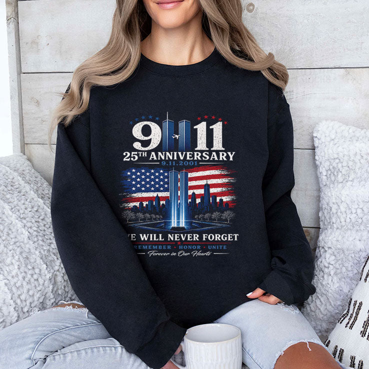 9-11 We Will Never Forget 25th Anniversary Twin Towers T Shirt