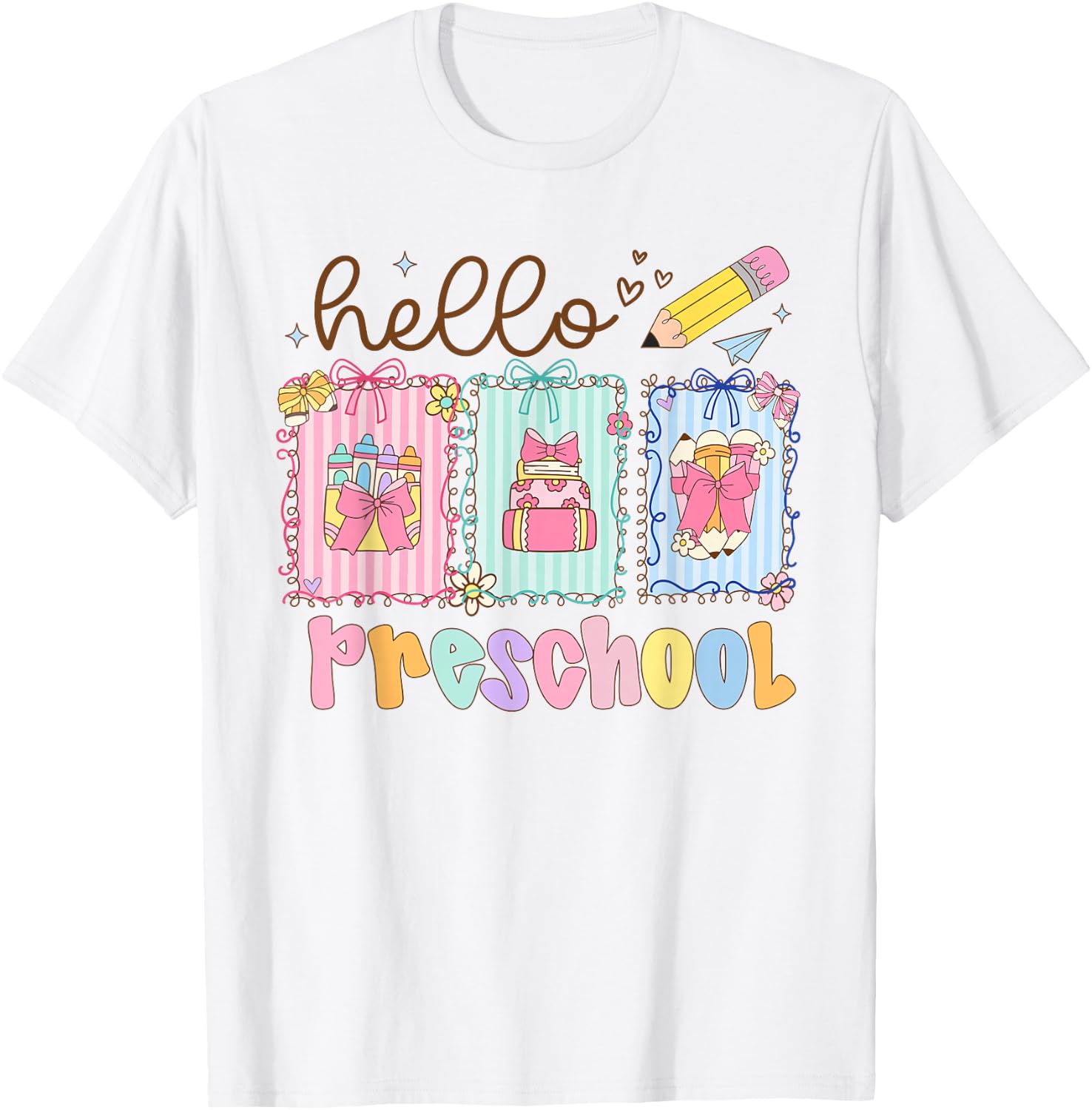 Preppy Hello Preschool Coquette Pencil Back to School Kids Unisex , , , Long Sleeve Tee