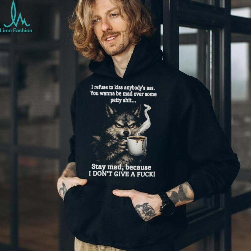 Angry Wolf Drinking Coffee “Stay Mad” Grumpy T Shirt