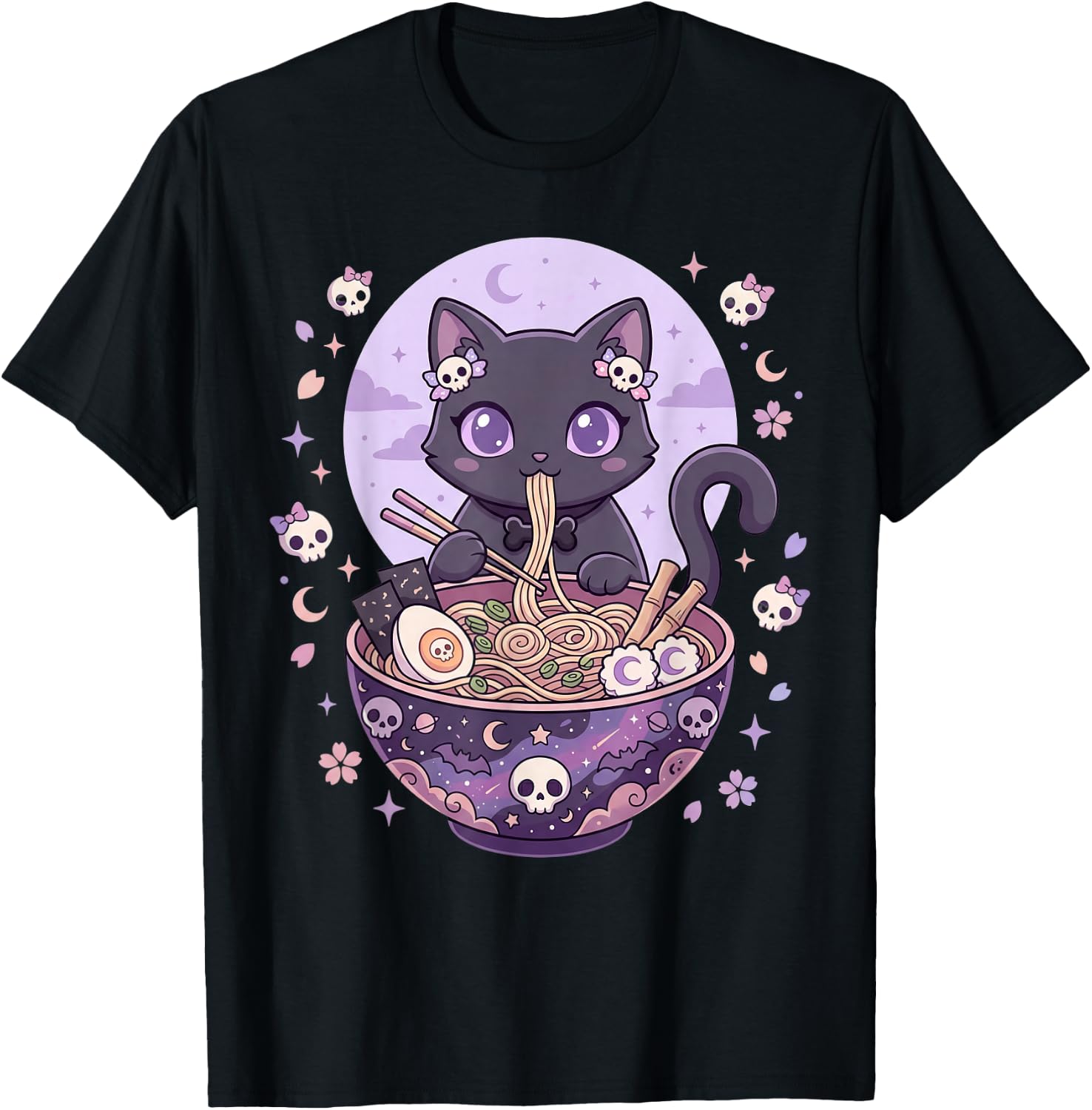 Pastel Goth Aesthetic Kawaii Creepy Cat Ramen Noodles Girls Unisex , , , Long Sleeve Tee