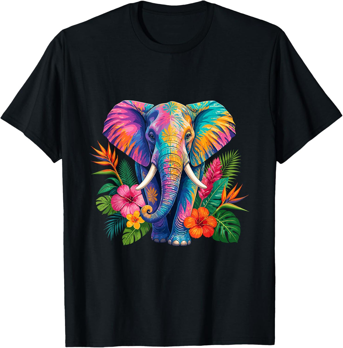 Rainbow Elephant with Tropical Flowers Unisex , , , Long Sleeve Tee