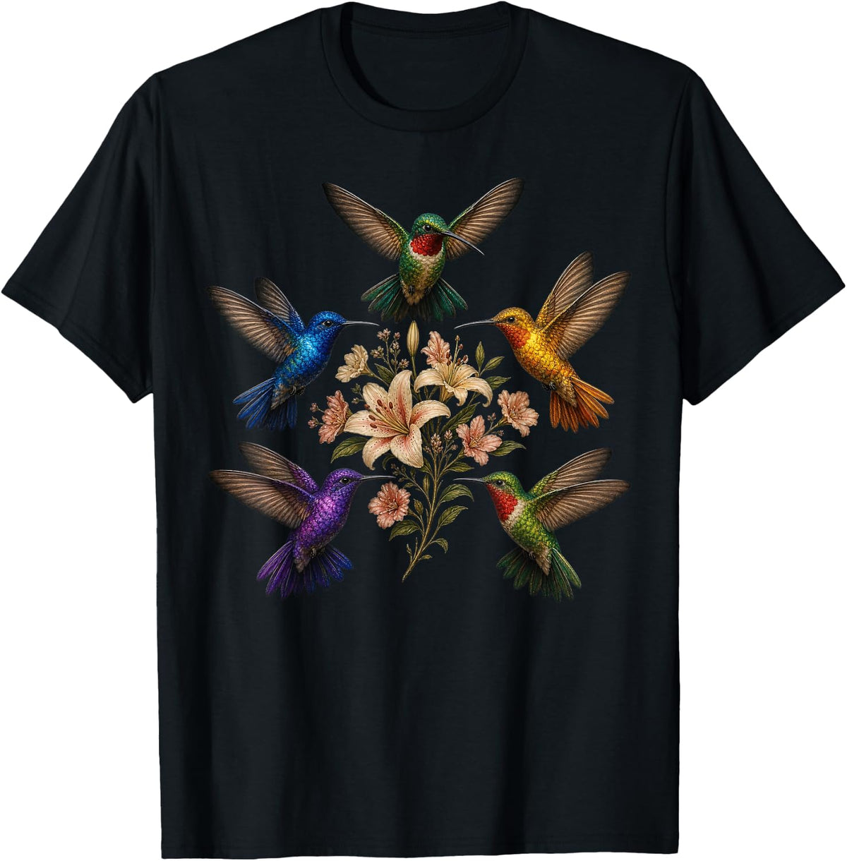 Colorful Hummingbirds Flowers Botanical Nature Bird Artwork Unisex , , , Long Sleeve Tee