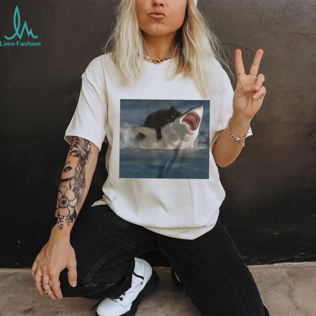 Black Cat Riding Great White Shark Funny Graphic T Shirt