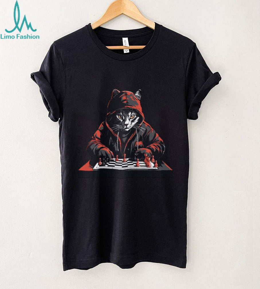 Cat Wearing Hoodie Playing Chess Strategic Board Game Tee