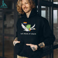 Frog riding goose with rainbow flags featuring we Pride at dawn LGBT shirt