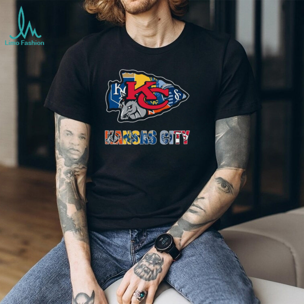 Kansas City Cityscape Arrowhead Sports Fan Multi Team Logo T Shirt
