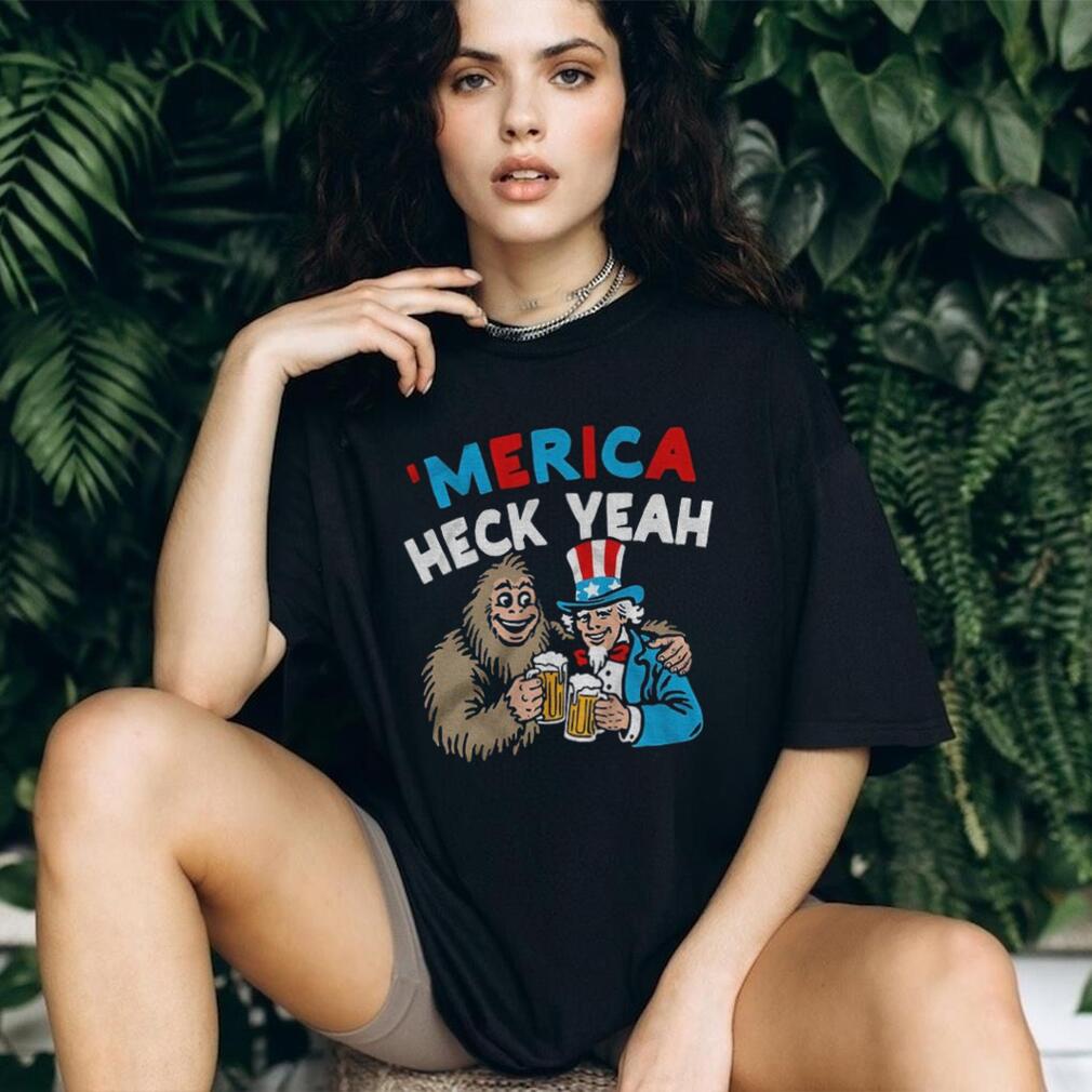 Merica Heck Yeah Uncle Sam and Bigfoot Drinking Beer Patriotic T Shirt