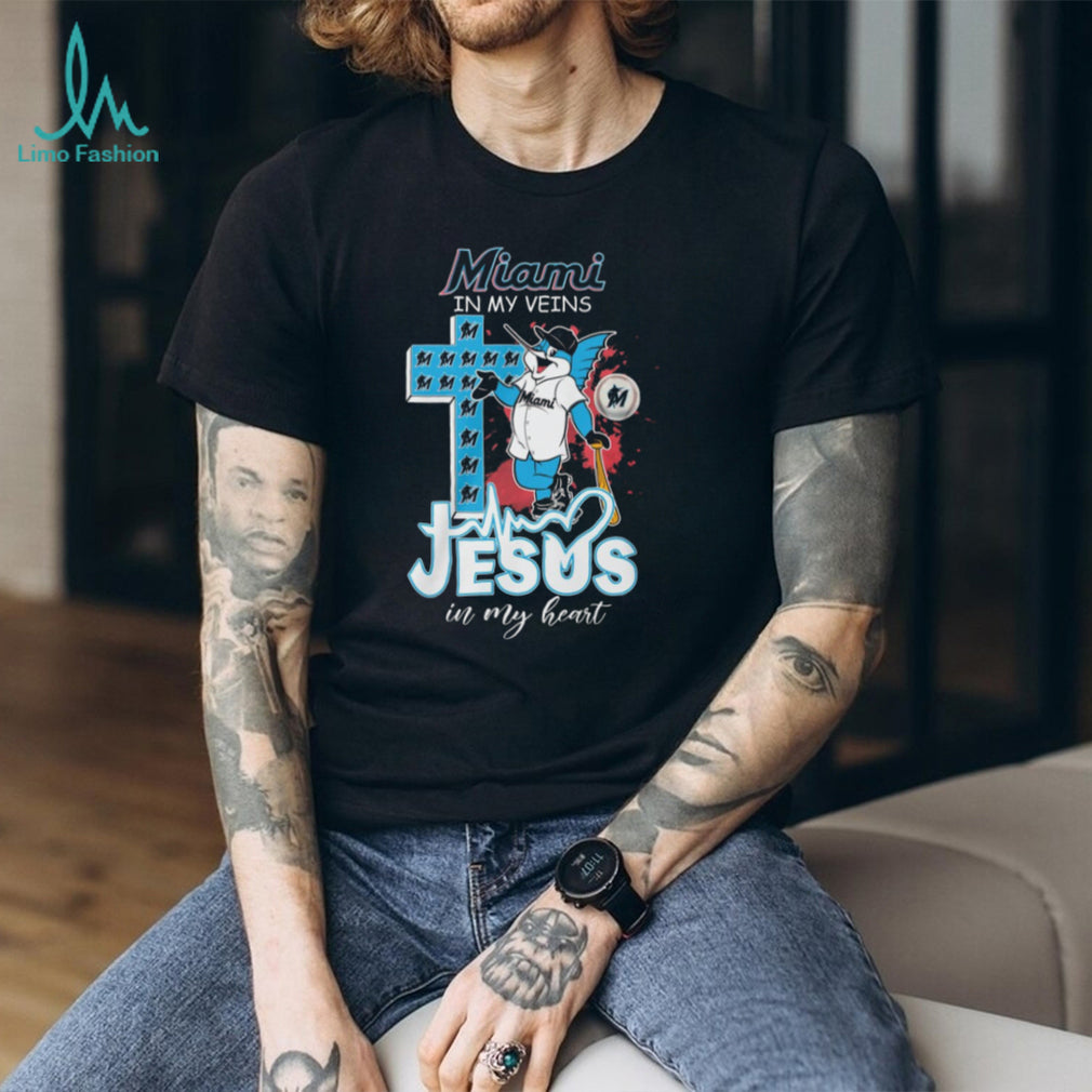 Miami Marlins Baseball T Shirt Billy The Marlin Mascot Jesus in my Heart Christian Fan T Shirt