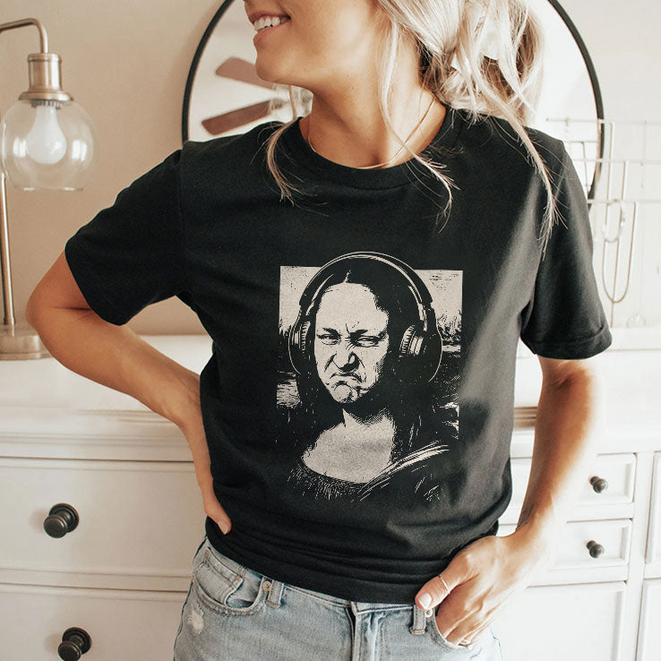 Mona Lisa Headphones Annoyed T Shirt