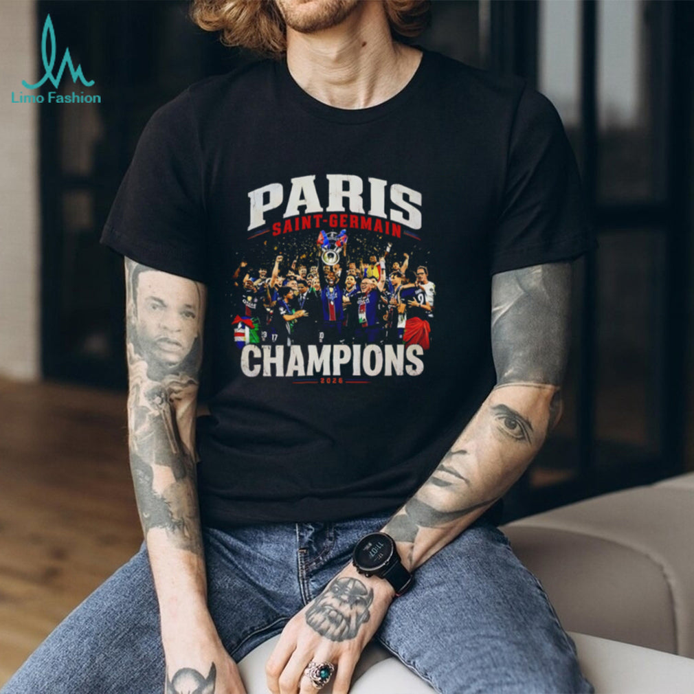 Paris Saint Germain Champions 2026 celebrating victory graphic shirt