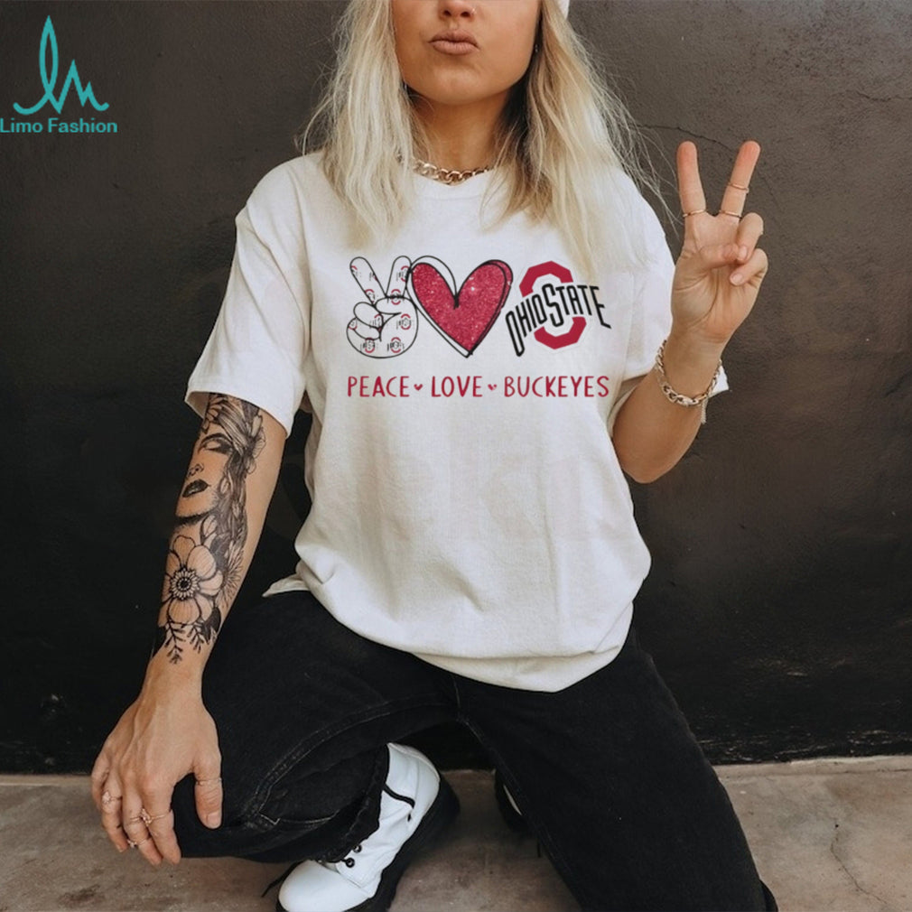 Peace Love Buckeyes Ohio State University Glitter Mascot T Shirt