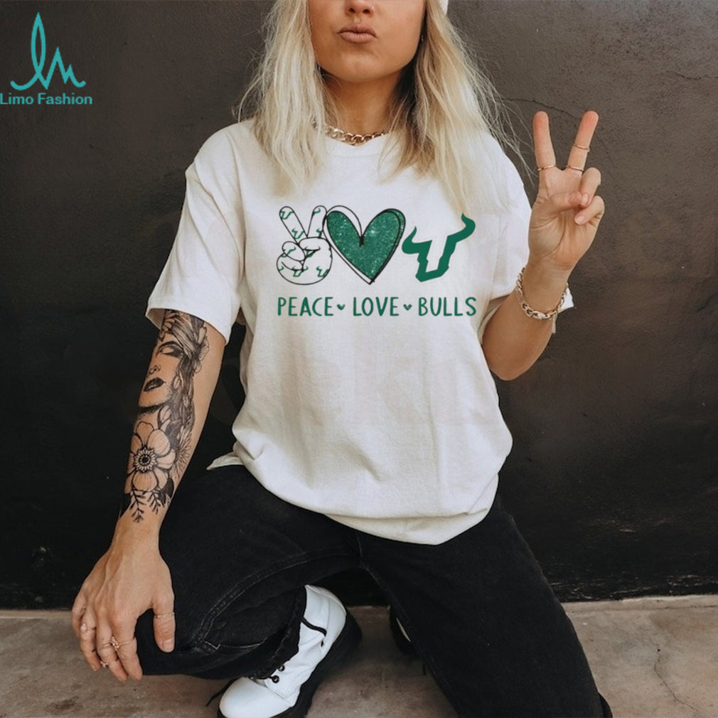 Peace Love Bulls USF South Florida Green Glitter Fan T Shirt