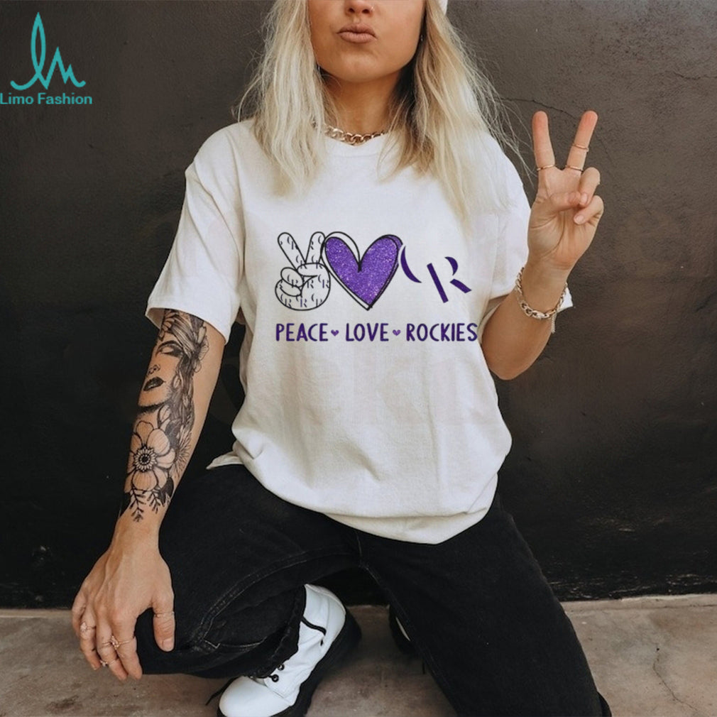 Peace Love Rockies Colorado Baseball Purple Glitter Logo T Shirt