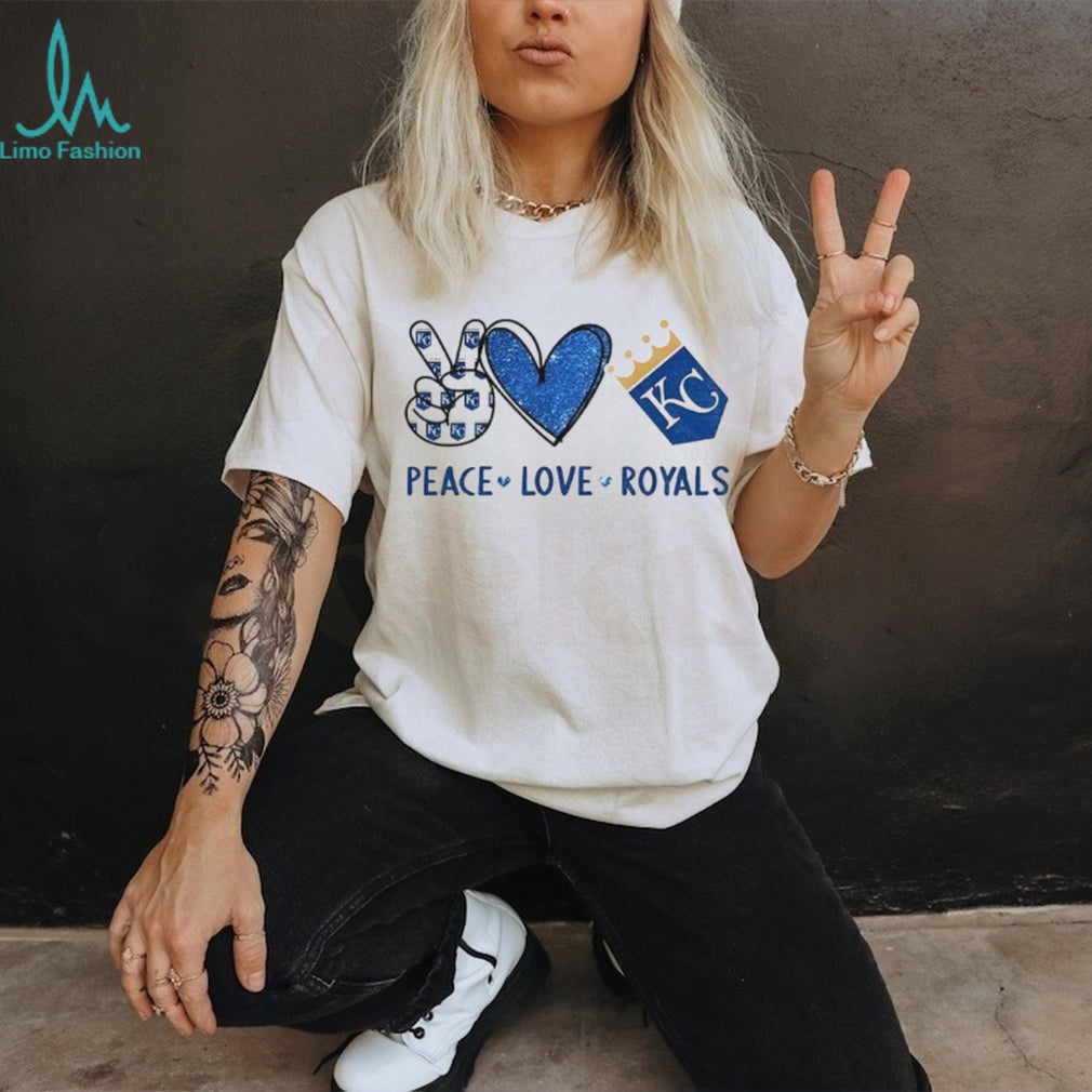 Peace Love Royals Kansas City Baseball Fan Blue Glitter Logo T shirt