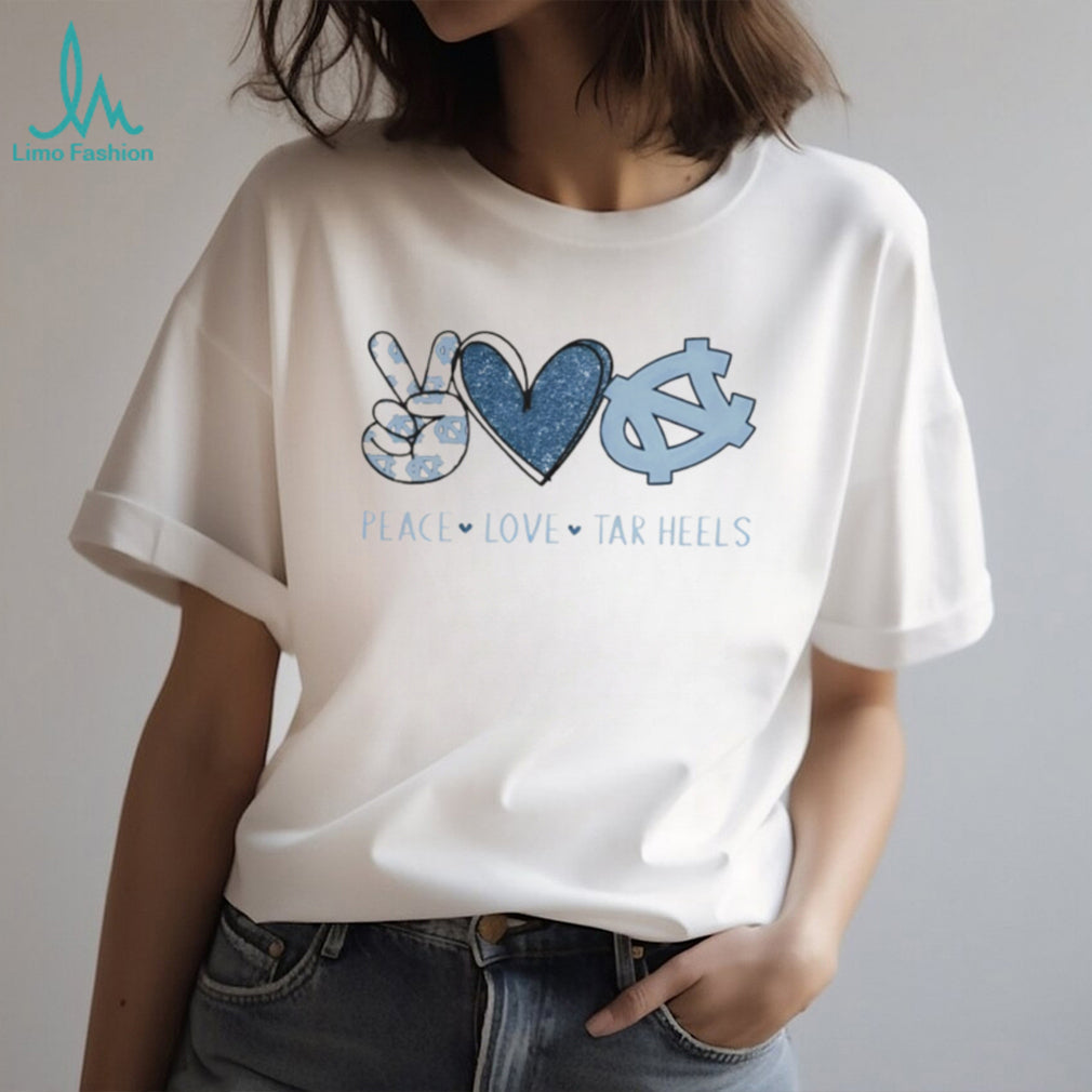 Peace Love Tar Heels North Carolina Blue Glitter Fan T Shirt
