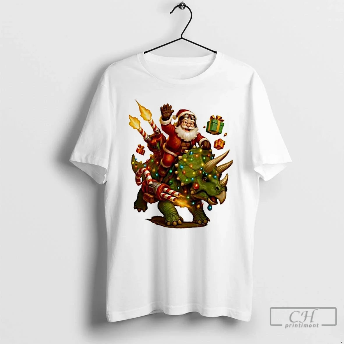 Rocket Triceratops Dinosaur Santa T-Shirts