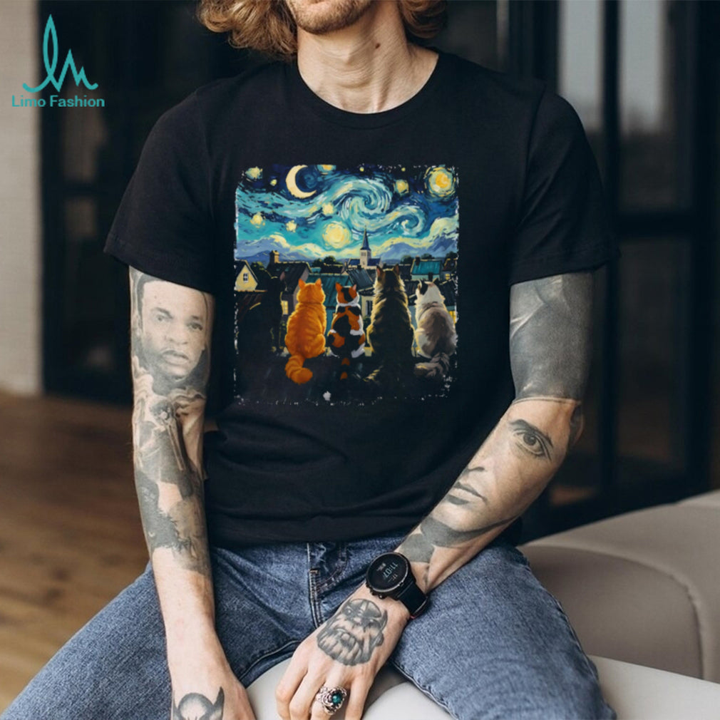 Starry Night Cats On A Roof Van Gogh Art Parody Feline T Shirt