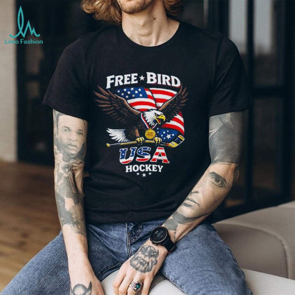 USA Hockey Free Bird American Flag Bald Eagle Gold Medal T Shirt