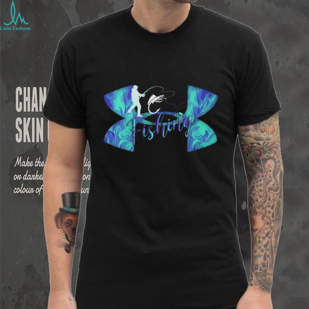 Under Armour Style Fishing Silhouette Abstract Blue Swirl Graphic T Shirt
