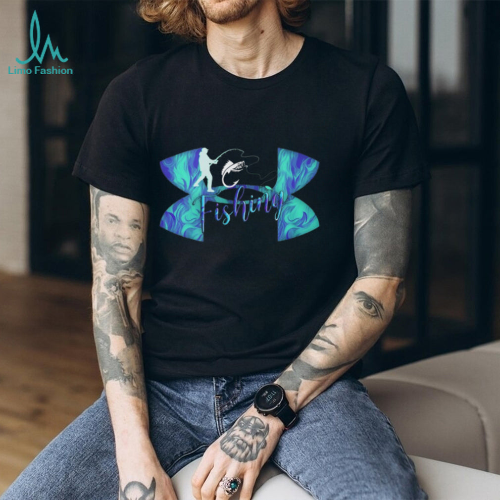 Under Armour Style Fishing Silhouette Abstract Blue Swirl Graphic T Shirt
